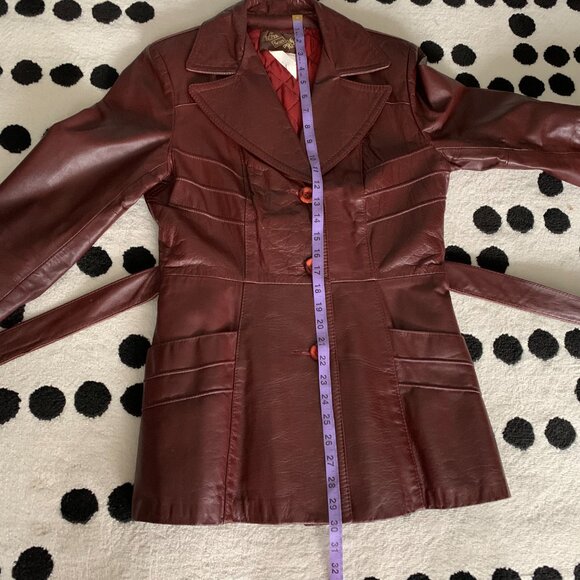 Vintage 70s Sears Burgundy Leather Quilt Lined Belted Blazer Jacket Trench Coat - Picture 16 of 16